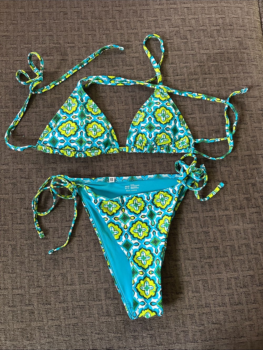 aerie Girls Blue & Green Patterned Triangle Bikini Set